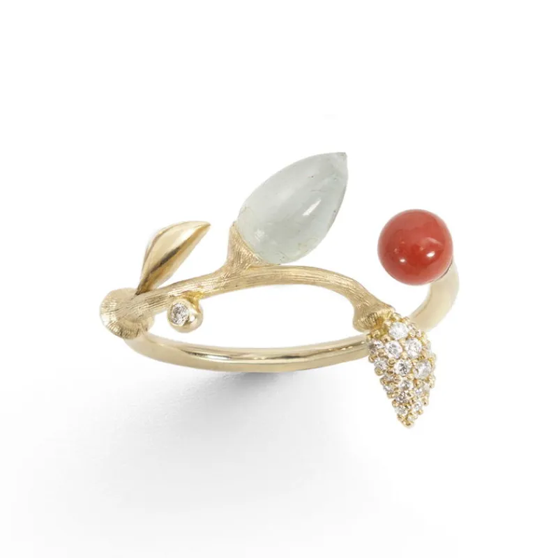 Ole Lynggaard Copenhagen Gullringer-Ring, Blooming Pave Blad Med Rod Korall Og Akvamarin